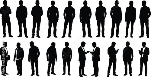 Business men silhouettes set showing standing walking talking and using phone poses for corporate teamwork professional people vector illustration