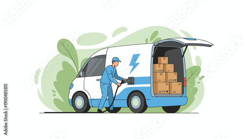 Electric delivery van being charged with cargo inside.