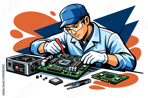 Computer technician working on a motherboard with tools.