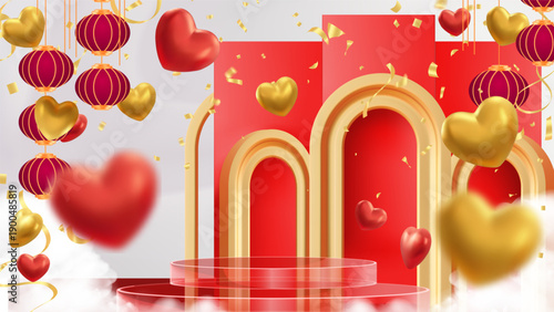 Podium scene perfectly blending Chinese New Year traditions with romantic Valentine's Day aesthetics. It features a tiered red product stage framed