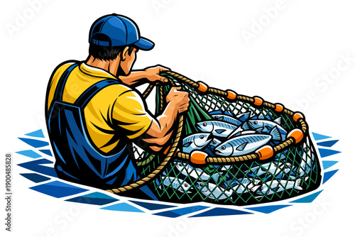 Fisherman pulling a net full of fresh fish from the water.
