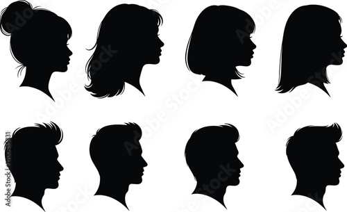 Male and female profile silhouette collection with diverse hairstyles, minimalist black head icons isolated on white background vector