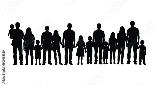 A diverse group of people standing together in a line against a white background. Vector