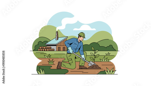 Gardener digging soil with shovel in a field near a house.