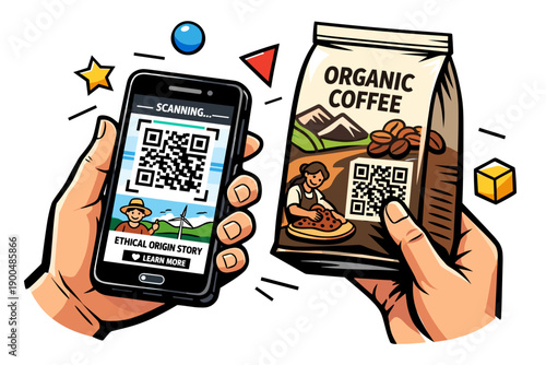 Hands holding smartphone scanning QR code on organic coffee bag.