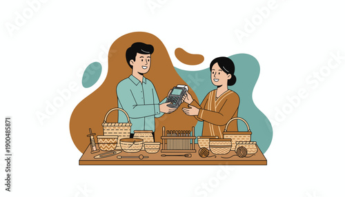 Man and woman exchanging goods at a market stall.