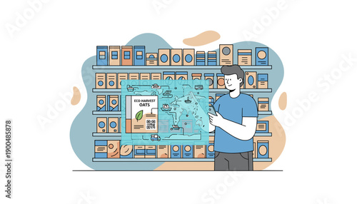 Man in supermarket looking at holographic display of products.