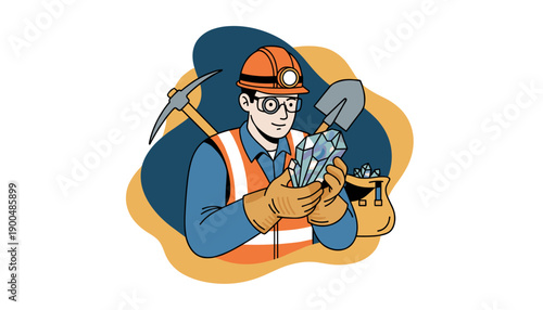 Miner Holding Precious Gemstones and Tools.