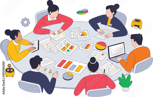 Business meeting teamwork, collaborative discussion, data analysis, corporate strategy, innovation planning, professional environment, productivity session, 