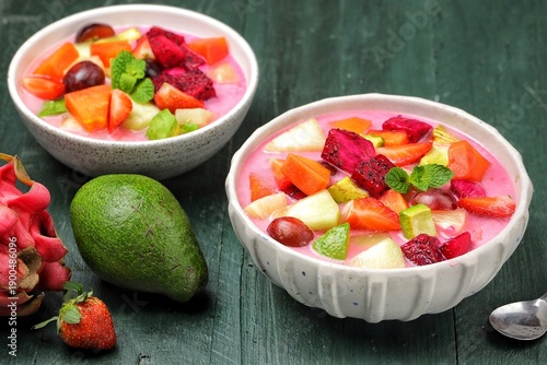 Sop buah or Es buah. Fruit soup is a soup that is prepared using fruit as the main ingredient, and can be served cold, and is very popular during Ramadan, for takjil iftar.
