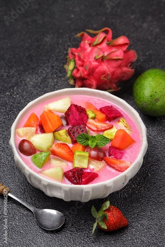 Sop buah or Es buah. Fruit soup is a soup that is prepared using fruit as the main ingredient, and can be served cold, and is very popular during Ramadan, for takjil iftar.
