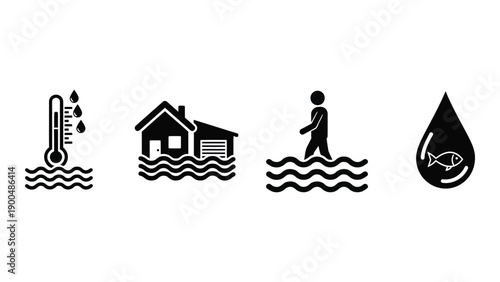 Icons depicting the impact of flooding on homes and individuals Vector