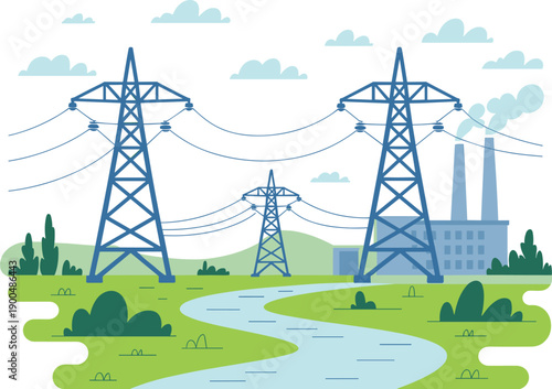 Electric power transmission, high voltage towers, power plant, energy distribution, electricity infrastructure, industrial landscape, river scene, flat vector illustration