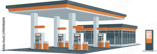 Modern gas station, fuel pumps, convenience store, digital signboard, transportation hub, fueling station, clean design, commuting service, flat vector illustration
