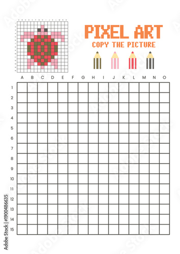 Copy the picture grid drawing worksheet for kids. Pixel art turtle