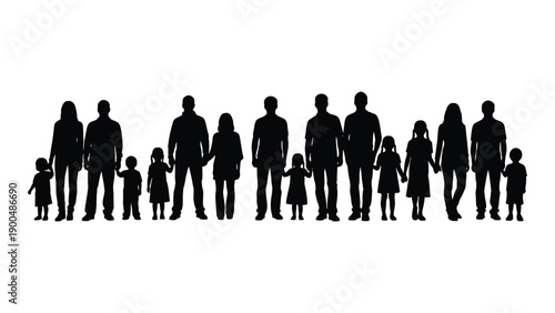 Silhouettes of diverse family members standing together in a line Vector