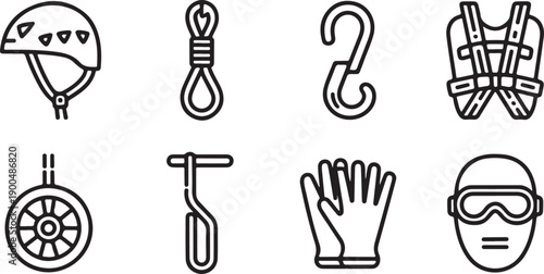 Industrial Safety Outline Climbing helmet, safety rope, locking hook, body harness, pulley wheel, ascender handle, gloves, protective mask Icons