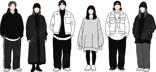 Casual urban youth fashion vector illustration featuring diverse men and women in streetwear outfits, modern flat characters isolated on white