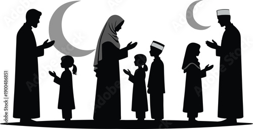 Minimalist Islamic Silhouette of Muslim Families Greeting, Eid Mubarak Celebration with Crescent Moons, Parents and Kids Wearing Hijab and Peci, Flat Religious Unity Vector Design