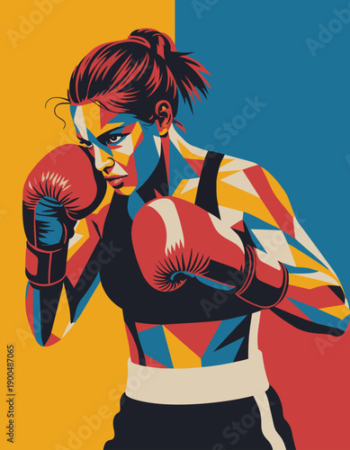 “Flat vector poster of a female boxer in fighting stance, simplified anatomy, strong silhouette, limited colors, high contrast, graphic design style”