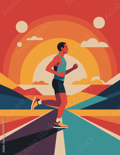 “Minimalist flat vector marathon runner, side profile, long road shape, sunrise represented with simple circles, clean poster composition”