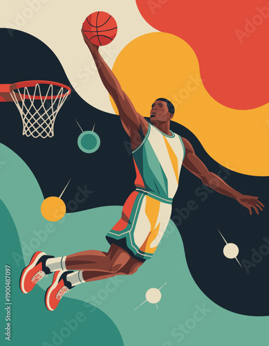 “Flat vector illustration of a basketball player dunking, dynamic pose, abstract background shapes, no gradients, modern athletic poster design”