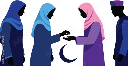 Colorful Islamic Silhouette Illustration of Muslim People Giving Zakat and Charity, Modern Flat Vector of Generosity and Faith, Eid Mubarak Social Care Concept Design