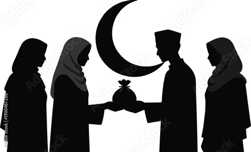 Islamic Silhouette of Muslim People Giving Charity and Zakat, Man Giving Alms Bag to Woman, Eid Mubarak Celebration with Crescent Moon, Flat Vector Design of Social Care