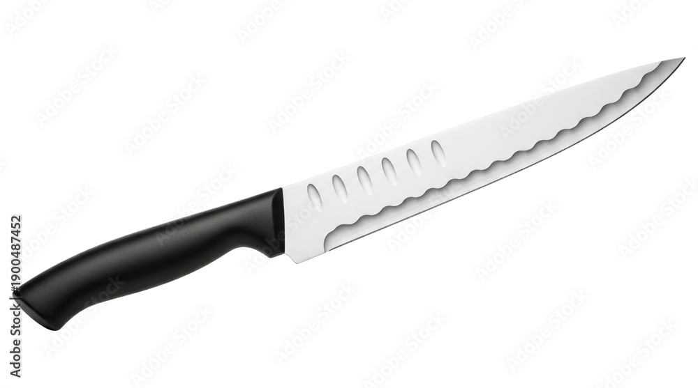 Obraz premium Stainless steel kitchen knife with black handle and serrated blade on a transparent background