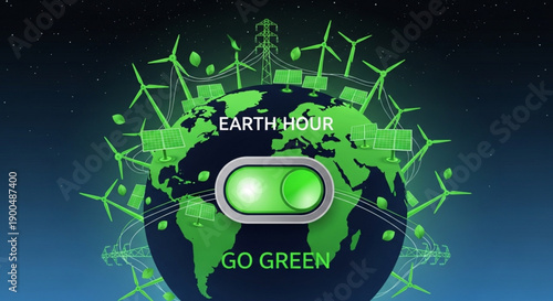 Earth hour go green concept with wind turbines and globe