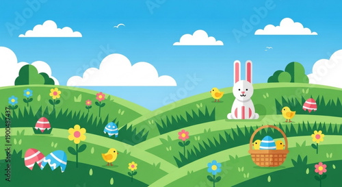 Easter bunny sits on green hills with flowers eggs and basket in sunny landscape