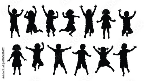 Silhouettes of children joyfully jumping and playing in various poses Vector