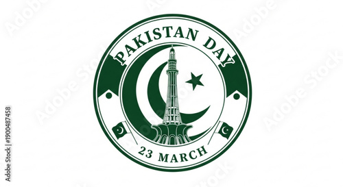 Pakistan day logo with crescent moon star and minaret on green and white background celebrating 23 march