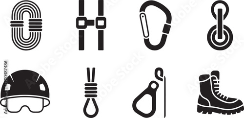 Climbing gear icons set for adventure and outdoor activities