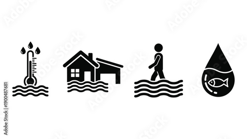 Flood warning sign with water, house, person, and water drop symbols Vector