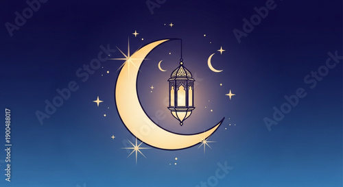 Glowing lantern hangs on crescent moon with stars in night sky