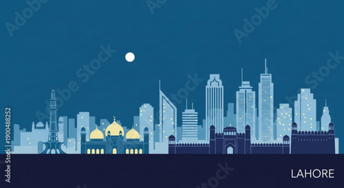 Lahore city skyline at night with moonlight modern and historic buildings urban landscape