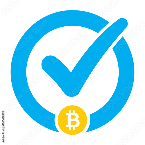 Bitcoin Logo with Checkmark Approval Symbol.