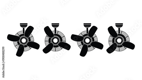 Four black ceiling fans with different blade designs on a white background Vector