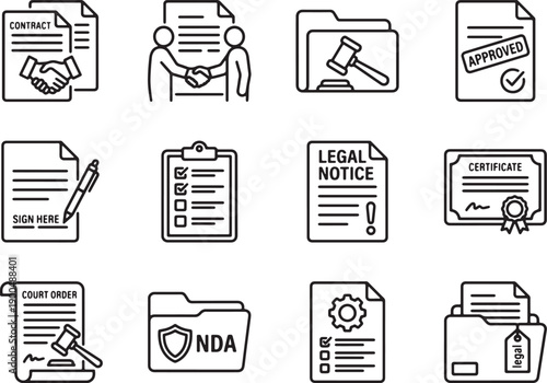 Set of modern legal document icons in line style for web and mobile