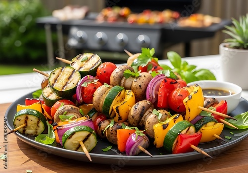 Wallpaper Mural Grilled vegetable skewers piled high on a dark plate outdoors with cooking apparatus blurred in the background Torontodigital.ca