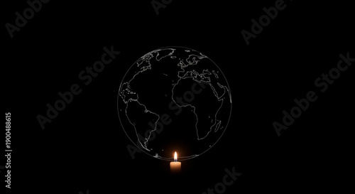 Glowing candle lighting up a dark globe map with continents outlined in white on a black background