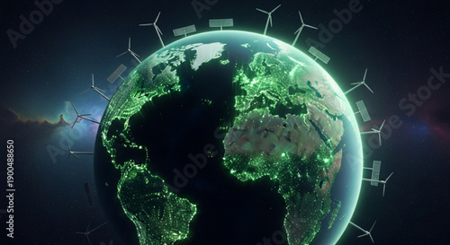 Sustainable earth with green glowing cities and renewable energy sources like wind turbines and solar panels in space