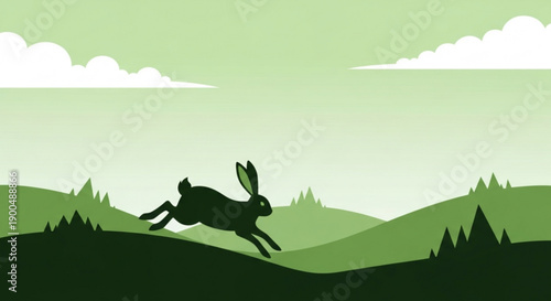 Silhouette of a rabbit jumping over hills with trees under a green sky with clouds