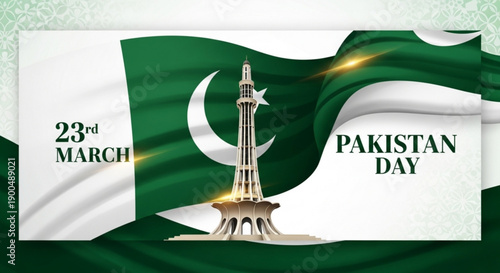 Pakistan day celebration with minar e pakistan monument and flag on 23rd march