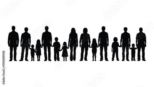 A diverse group of people standing in a line, showcasing a range of heights and ages. Vector