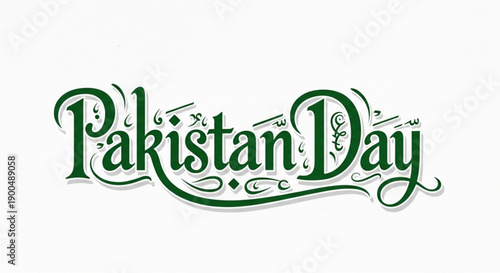 Pakistan day green text logo with decorative swirls on white background