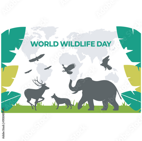 Photography World Wildlife Day Illustration with Wild Animals Silhouette and World Map Backg