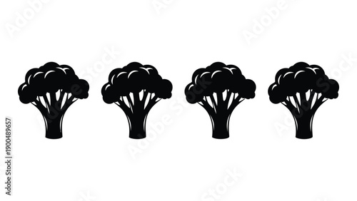 Four black and white illustrations of broccoli arranged in a row. Vector