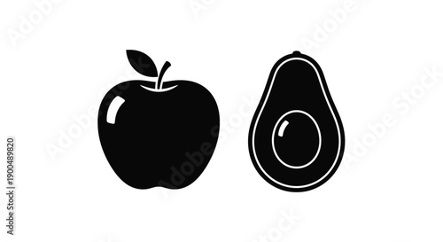 Black silhouettes of an apple and avocado against a white background silhouette
